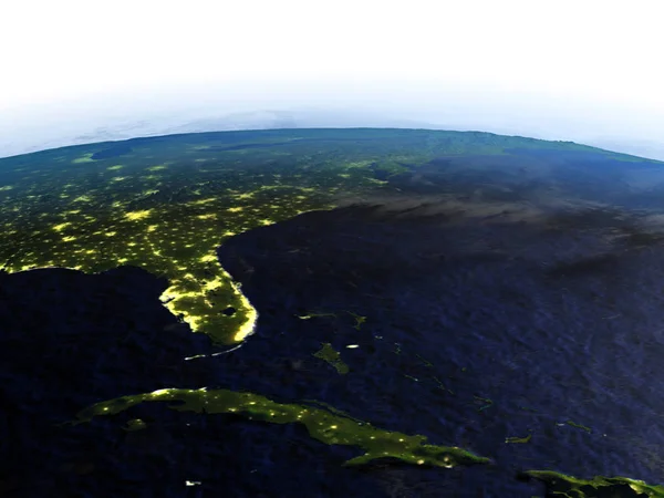Oost-kust van de VS op realistische model van aarde 's nachts — Stockfoto