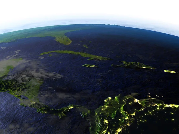 Северные Карибы ночью на реалистичной модели Земли — стоковое фото