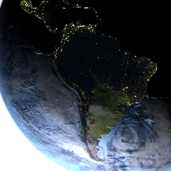 Sudamérica en la Tierra por la noche - fondo visible del océano —  Fotos de Stock