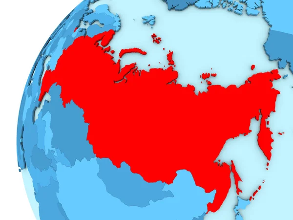 Россия в красном на голубом глобусе — стоковое фото