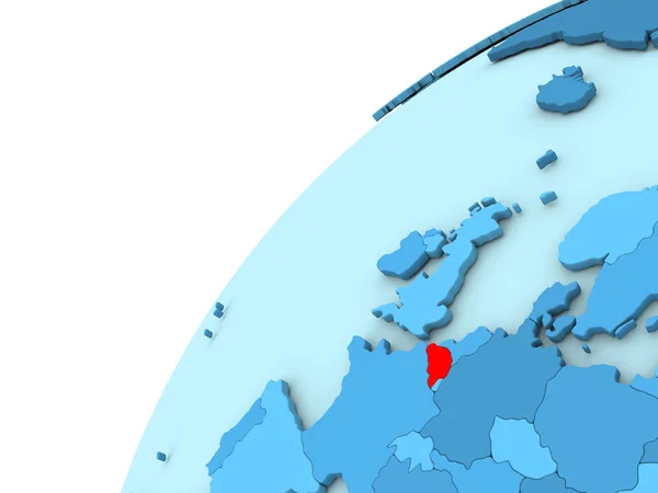 Belgien in Rot auf blauem Globus — Stockfoto