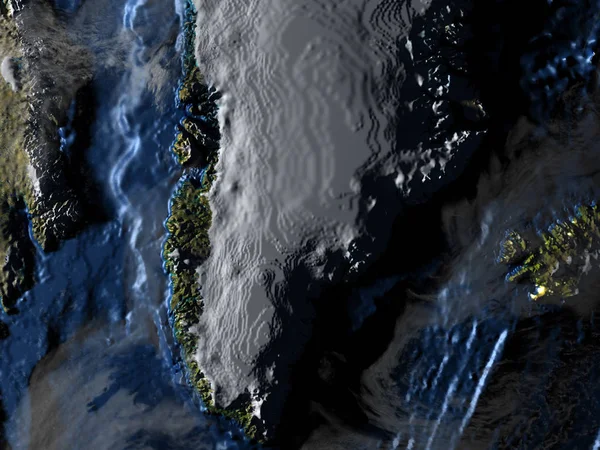 Groenlândia e Islândia na Terra à noite - fundo oceânico visível — Fotografia de Stock