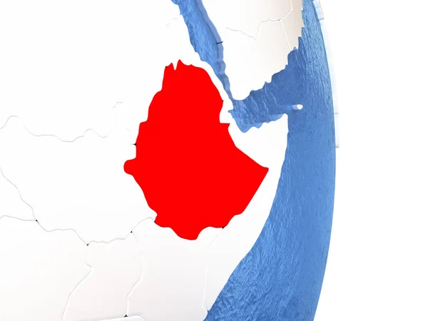 Ethiopië op glanzend wereldbol met water — Stockfoto