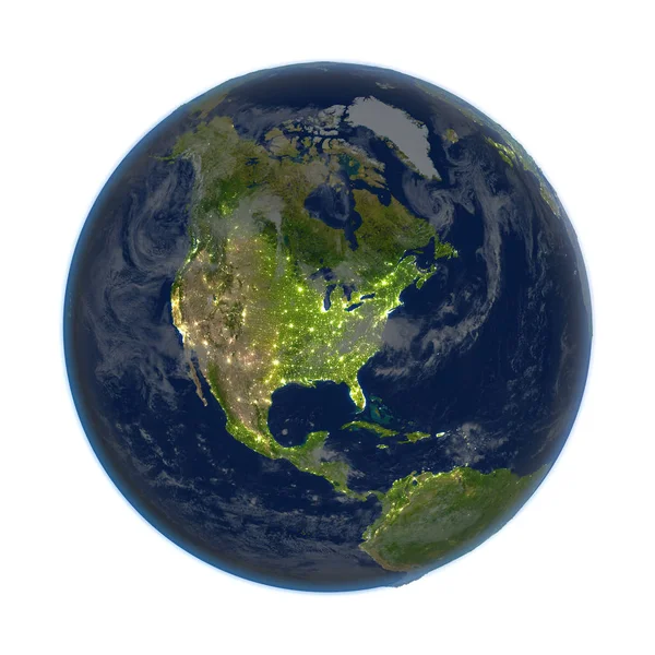Северная Америка на Земле ночью изолирована на белом — стоковое фото
