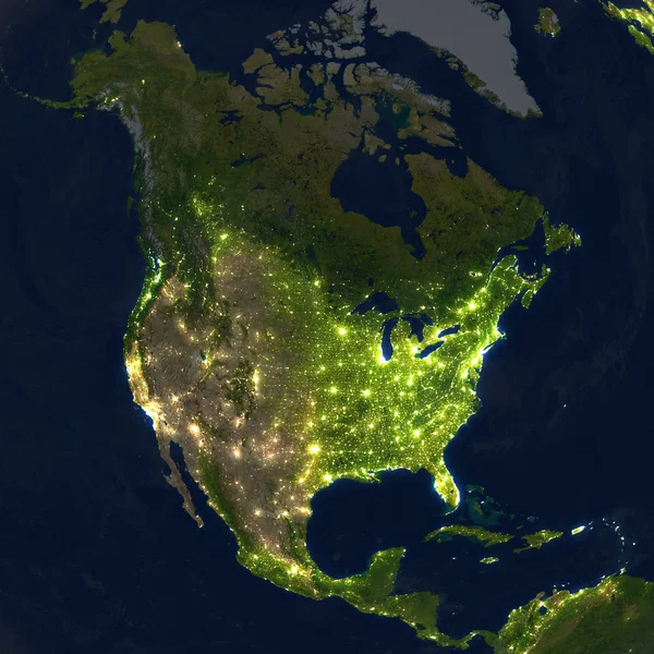 北美地区夜间在地球上 — 图库照片