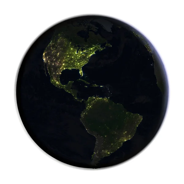 Amerika na zemi v noci izolované na bílém — Stock fotografie