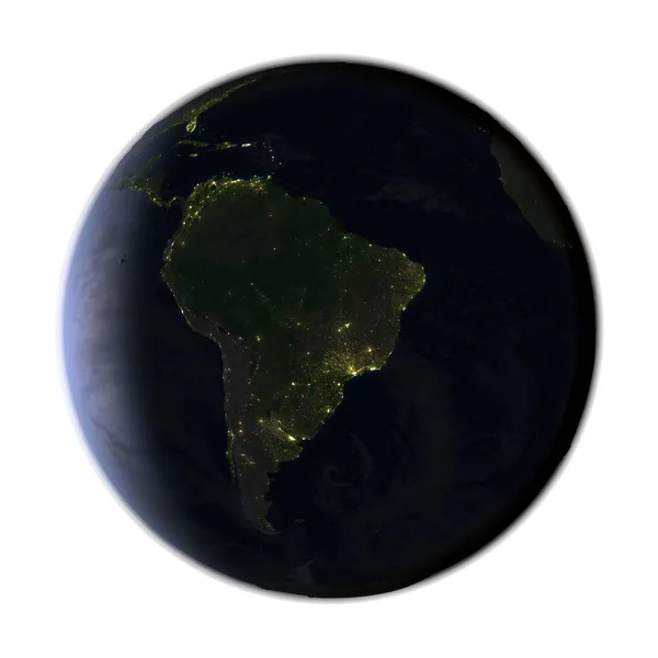 Νότια Αμερική στη γη το βράδυ που απομονώνονται σε λευκό — Φωτογραφία Αρχείου