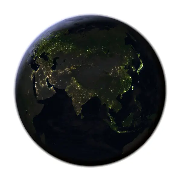 Azië op aarde nachts geïsoleerd op wit — Stockfoto