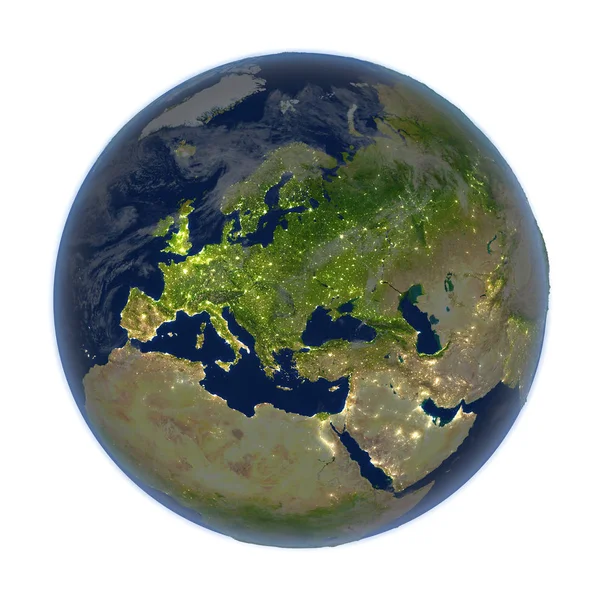 Ευρώπη στη γη το βράδυ που απομονώνονται σε λευκό — Φωτογραφία Αρχείου