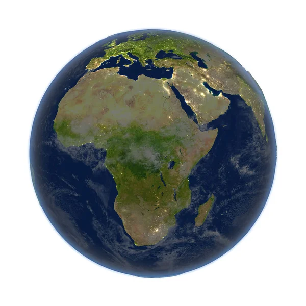 Africa on Earth at night isolated on white — Stock Photo, Image