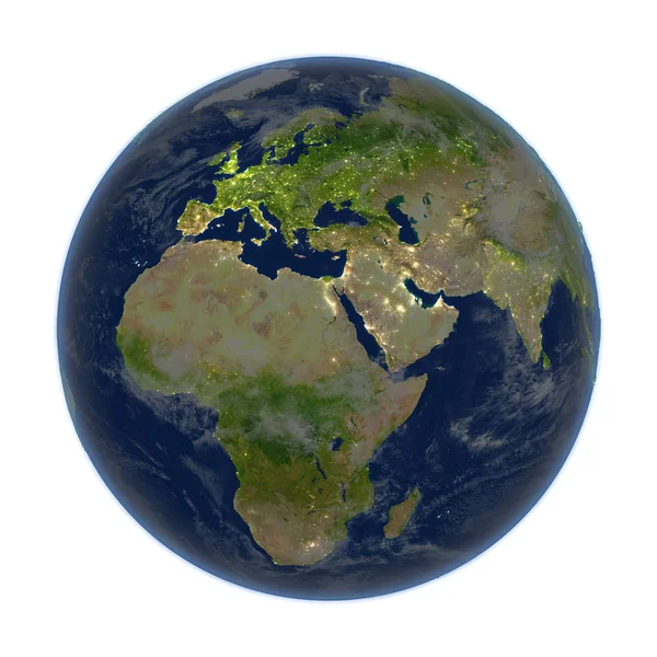 EMEA region on Earth at night isolated on white — Stock Photo, Image