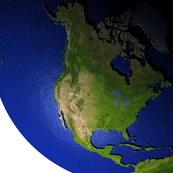 Ameryka Północna w nocy na model ziemi z wytłoczonym ziemi — Zdjęcie stockowe