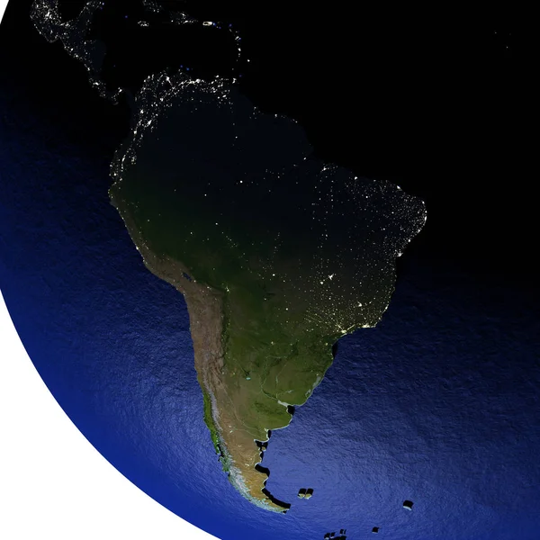 Νότια Αμερική τη νύχτα στο μοντέλο της γης με ανάγλυφο της γης — Φωτογραφία Αρχείου