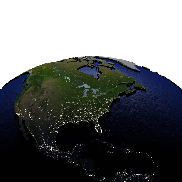 Centralnej i Ameryki Północnej w nocy na model ziemi z płaskorzeźba — Zdjęcie stockowe