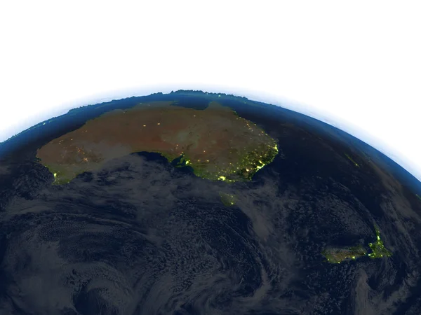 Australien och nya Zeeland på natten på planeten jorden — Stockfoto