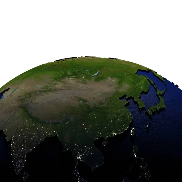 East Asia at night on model of Earth with embossed land — Stock Photo, Image