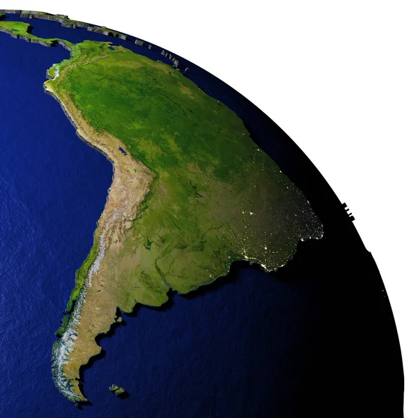 Sudamérica en el modelo de la Tierra con tierra en relieve —  Fotos de Stock