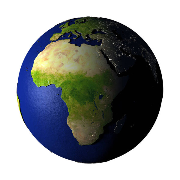 Africa on model of Earth with dark blue oceans and embossed landmasses. 3D illustration isolated on white background. Elements of this image furnished by NASA.