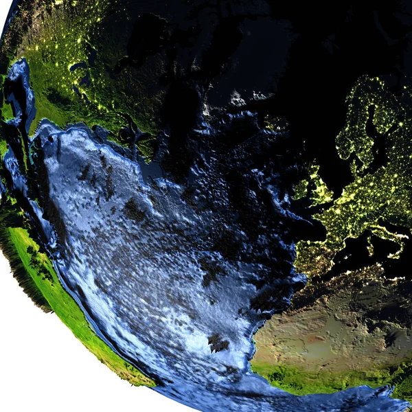 欧洲和北美在晚上与夸张山区的地球上 — 图库照片