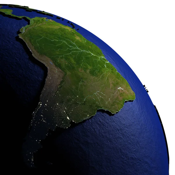 Ameryka Południowa na model ziemi z wytłoczonym ziemi — Zdjęcie stockowe