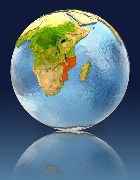 Mozambique on globe with reflection. Illustration with detailed planet surface. Elements of this image furnished by NASA.