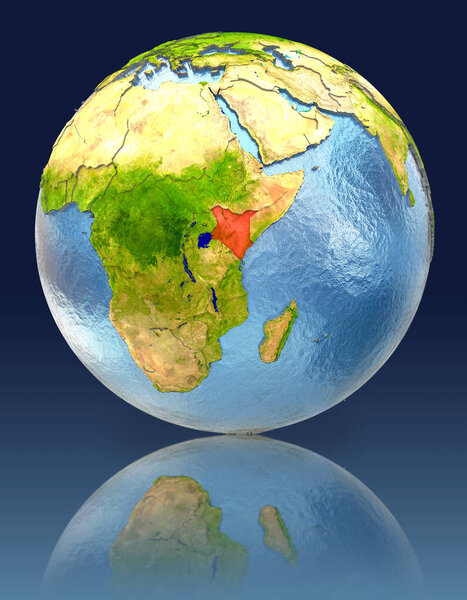 Kenya on globe with reflection. Illustration with detailed planet surface. Elements of this image furnished by NASA.
