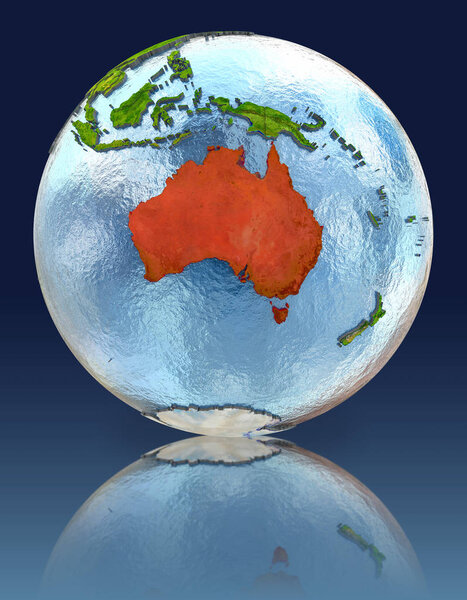 Australia on globe with reflection. Illustration with detailed planet surface. Elements of this image furnished by NASA.