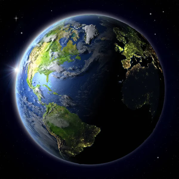 Hemisfério Norte do espaço durante o pôr do sol — Fotografia de Stock