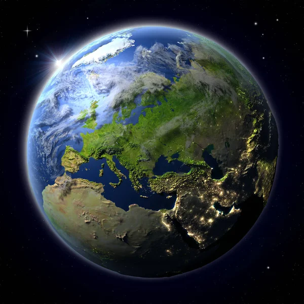 Ευρώπη από το διάστημα κατά το ηλιοβασίλεμα — Φωτογραφία Αρχείου