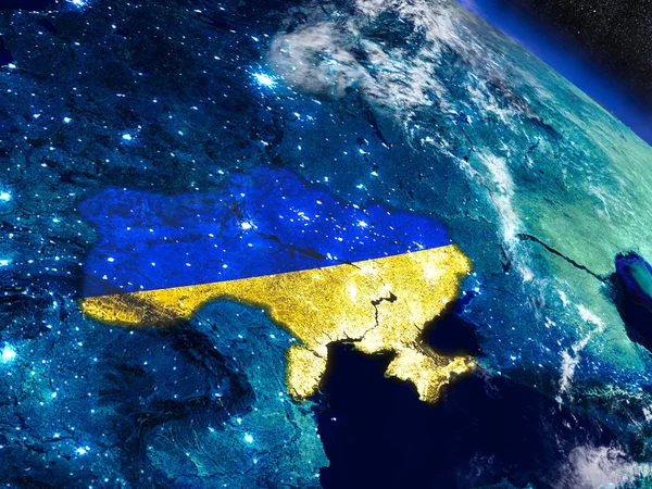 Ουκρανία με ενσωματωμένο σημαία από το διάστημα — Φωτογραφία Αρχείου