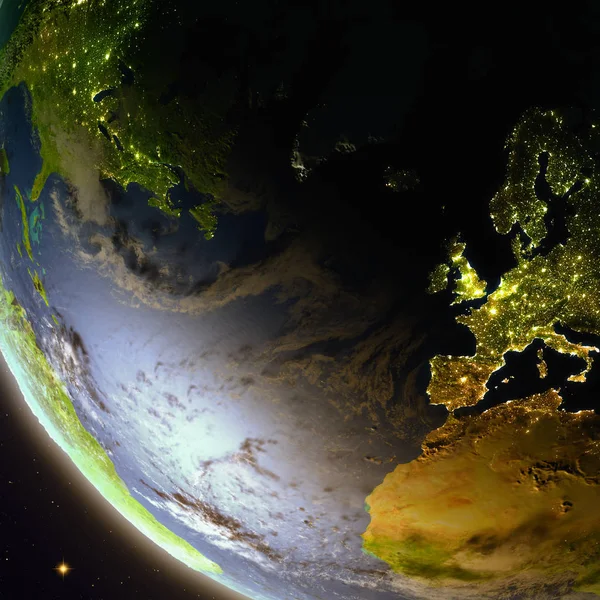 Europa en Noord-Amerika vanuit de ruimte tijdens de schemering — Stockfoto