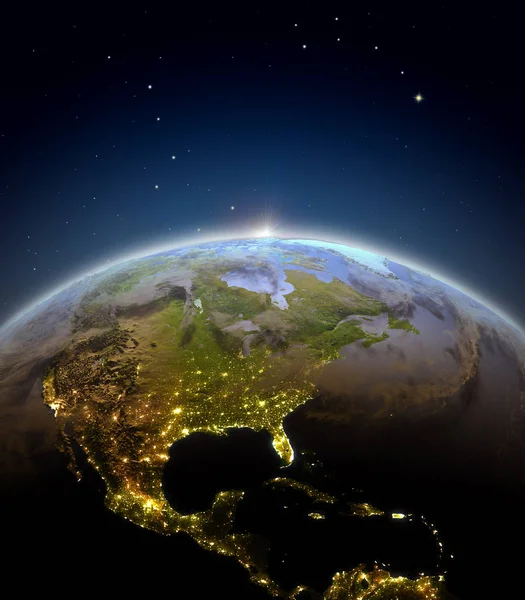 América Central e do Norte a partir do espaço durante o nascer do sol — Fotografia de Stock