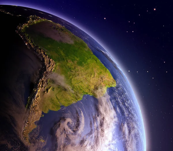 Sydamerika från rymden i gryningen — Stockfoto
