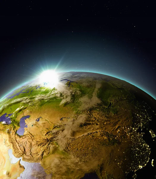 Soluppgång över Centralasien från rymden — Stockfoto