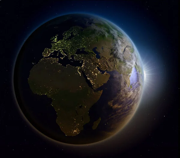 Napkelte felett Emea régióban az űrből — Stock Fotó