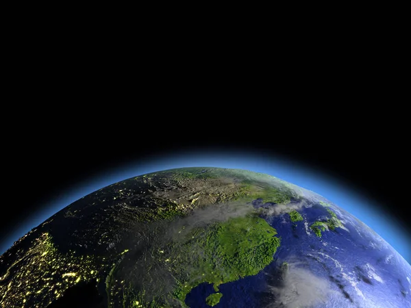 Rano powyżej Azji Wschodniej z kosmosu — Zdjęcie stockowe