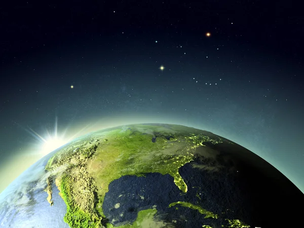 Apus de soare deasupra Americii de Nord din spațiu — Fotografie, imagine de stoc
