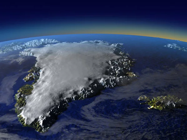 Το βράδυ πάνω από τη Γροιλανδία και την Ισλανδία από το διάστημα — Φωτογραφία Αρχείου