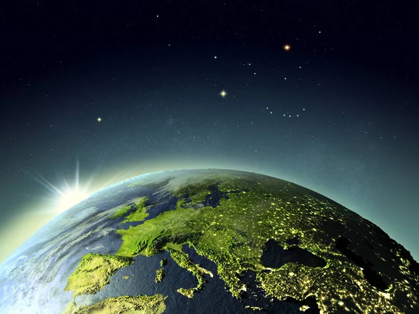 Puesta de sol sobre Europa desde el espacio — Foto de Stock