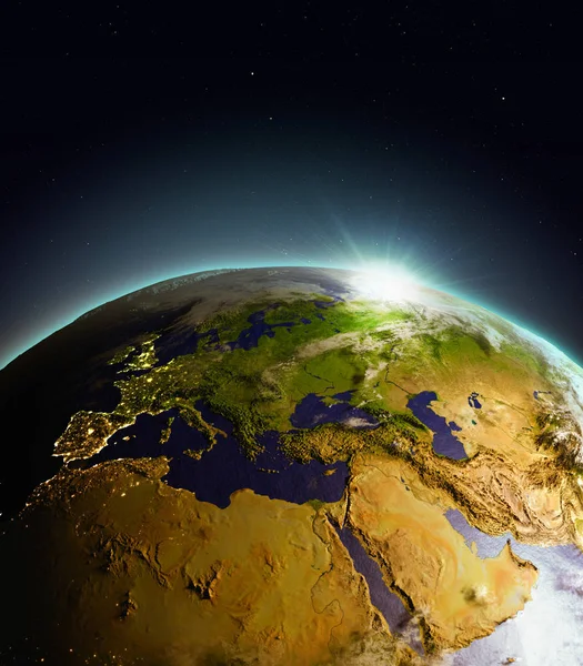 Răsărit de soare deasupra regiunii EMEA din spațiu — Fotografie, imagine de stoc