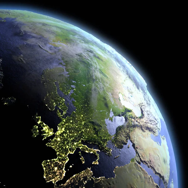 Európa az űrből hajnalban — Stock Fotó