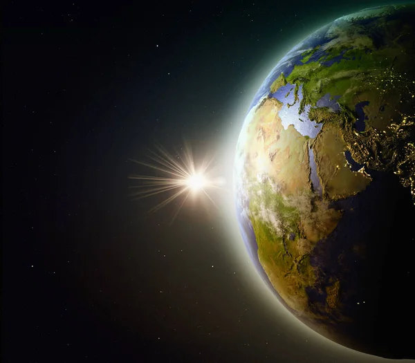 Pôr do sol acima do Oriente Médio no espaço — Fotografia de Stock