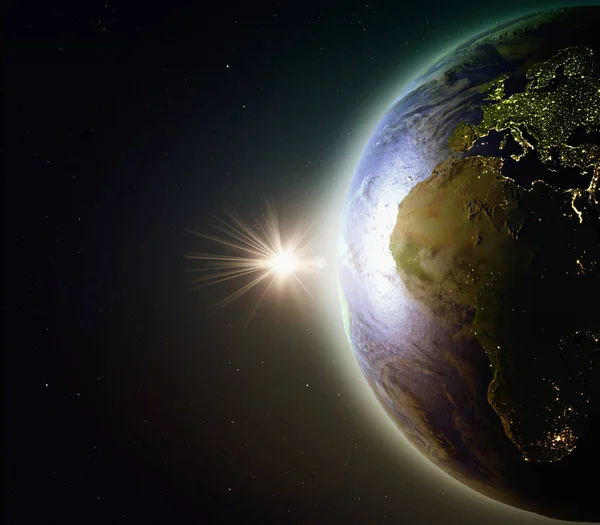 Pôr do sol sobre a Europa e África no espaço — Fotografia de Stock