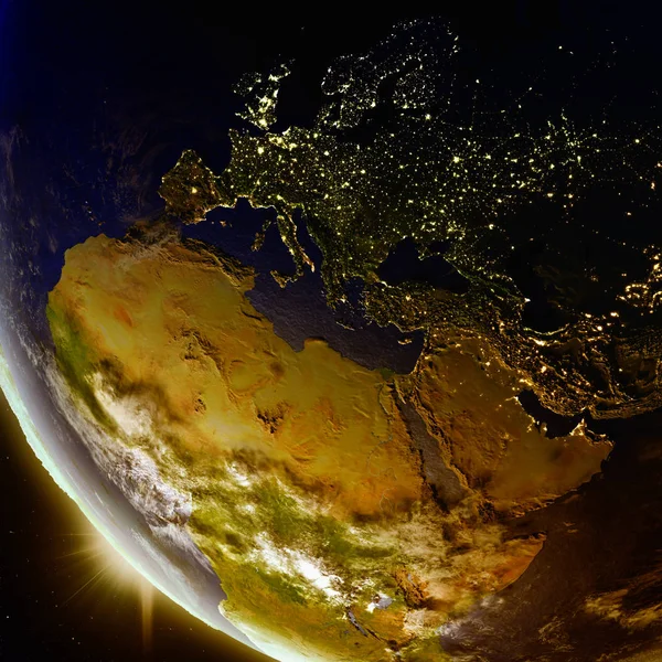 Günbatımı Emea bölgesi uzaydan yukarıda — Stok fotoğraf