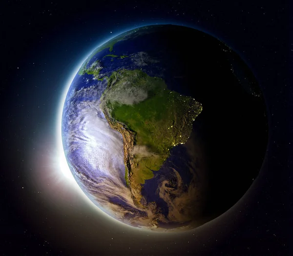 Zuid-Amerika vanuit de ruimte bij zonsondergang — Stockfoto