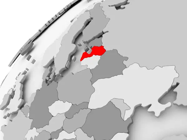 Letland op grijs politieke wereldbol — Stockfoto
