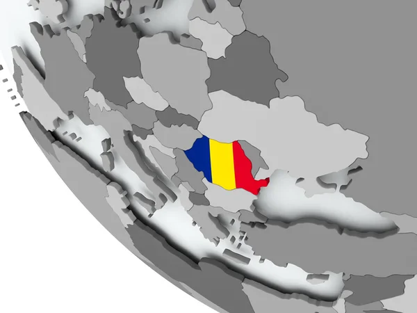 Rumäniens flagga på politiska jordglob — Stockfoto