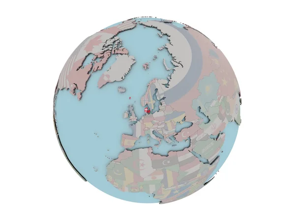 Danemarca cu steag pe glob — Fotografie, imagine de stoc