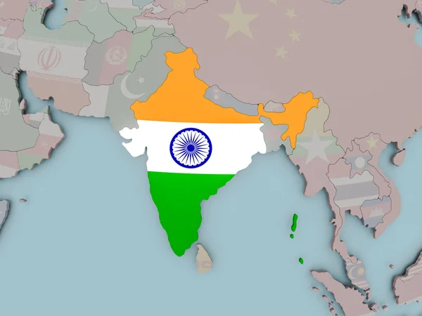 India op politieke wereldbol met vlag — Stockfoto
