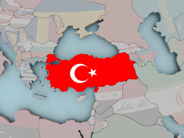 Türkiye bayrağı ile siyasi dünya üzerinde — Stok fotoğraf